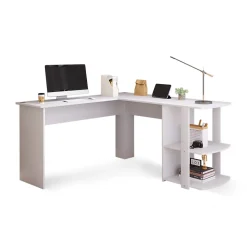 Bureau d'angle 140 cm - Bureau en L avec 2 étagères intégrées, design fonctionnel pour gain de place, MDF - Blanc