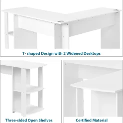 Bureau d'angle 140 cm - Bureau en L avec 2 étagères intégrées, design fonctionnel pour gain de place, MDF - Blanc