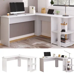 Bureau d'angle 140 cm - Bureau en L avec 2 étagères intégrées, design fonctionnel pour gain de place, MDF - Blanc