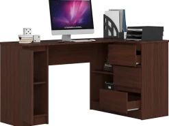 Bureau d'angle avec 3 tiroirs, 1 armoire, côté droit, couleur wengé, 77 x 155 x 48,5 cm