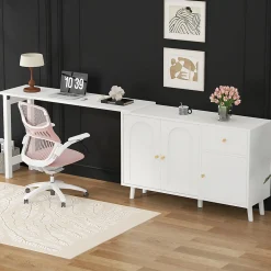 Bureau d'angle avec plateau rotatif, 3 portes et 1 tiroir, Sideboard intégré, Panneau de particules, 120x40x74,5 cm, Blanc
