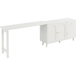 Bureau d'angle avec plateau rotatif, 3 portes et 1 tiroir, Sideboard intégré, Panneau de particules, 120x40x74,5 cm, Blanc