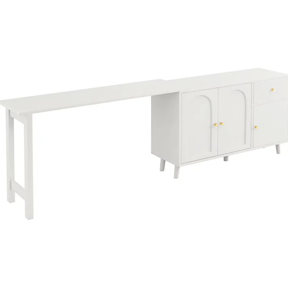 Bureau d'angle avec plateau rotatif, 3 portes et 1 tiroir, Sideboard intégré, Panneau de particules, 120x40x74,5 cm, Blanc