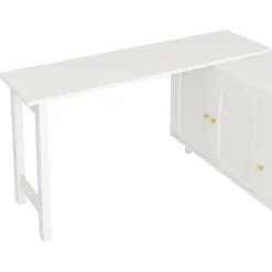 Bureau d'angle avec plateau rotatif, 3 portes et 1 tiroir, Sideboard intégré, Panneau de particules, 120x40x74,5 cm, Blanc