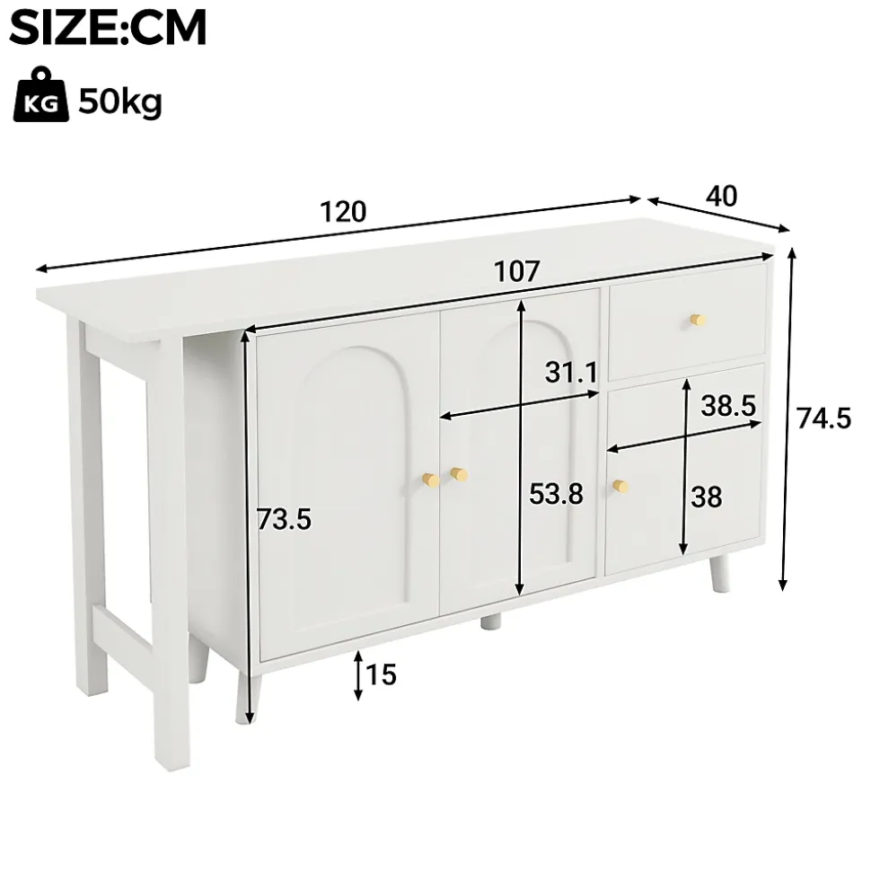 Bureau d'angle avec plateau rotatif, 3 portes et 1 tiroir, Sideboard intégré, Panneau de particules, 120x40x74,5 cm, Blanc