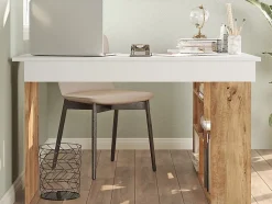 Bureau d'angle avec rangements - Coloris : Blanc et naturel - LILEUL
