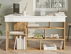 Bureau d'angle avec rangements - Coloris : Blanc et naturel - LILEUL