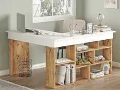 Bureau d'angle avec rangements - Coloris : Blanc et naturel - LILEUL