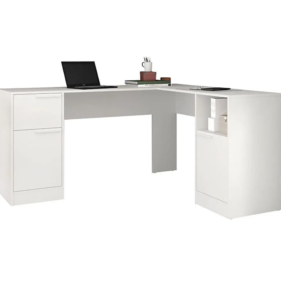 Bureau d'angle blanc ACTUAL DIFFUSION 160 x 134,5 x 78,5 cm - 2 caissons, 2 portes, 1 tiroir