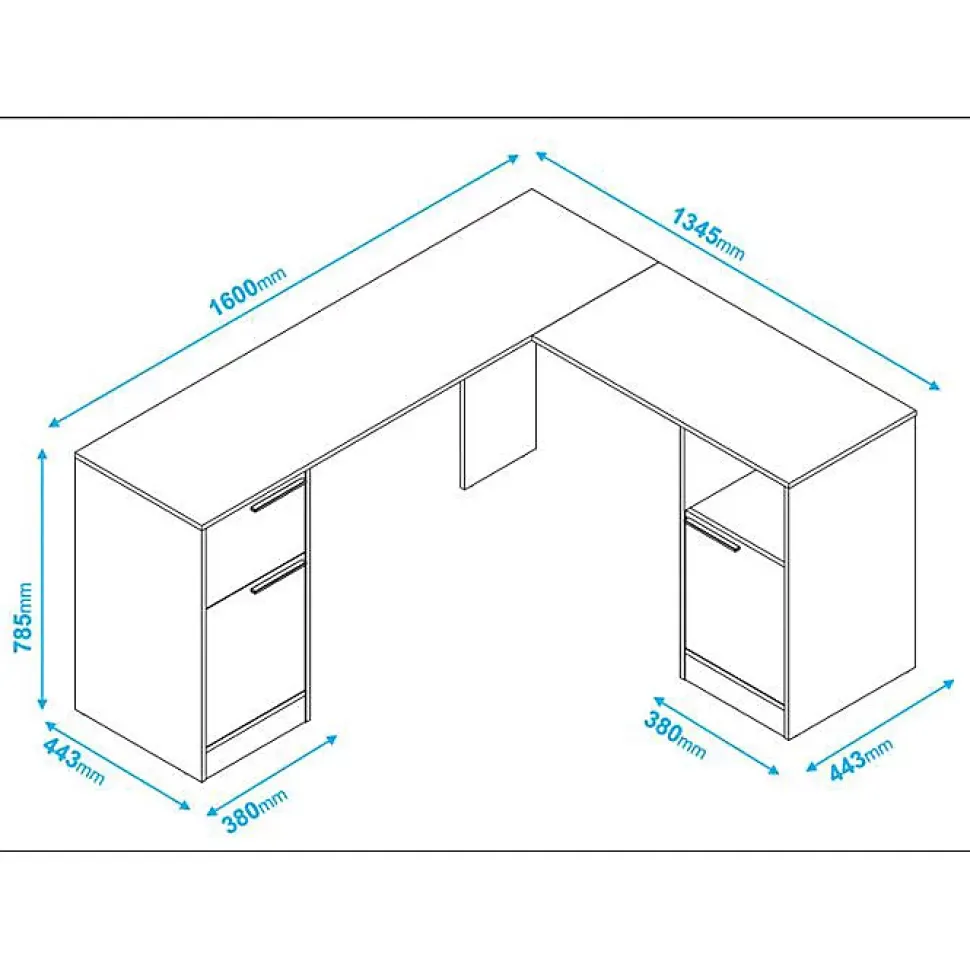 Bureau d'angle blanc ACTUAL DIFFUSION 160 x 134,5 x 78,5 cm - 2 caissons, 2 portes, 1 tiroir
