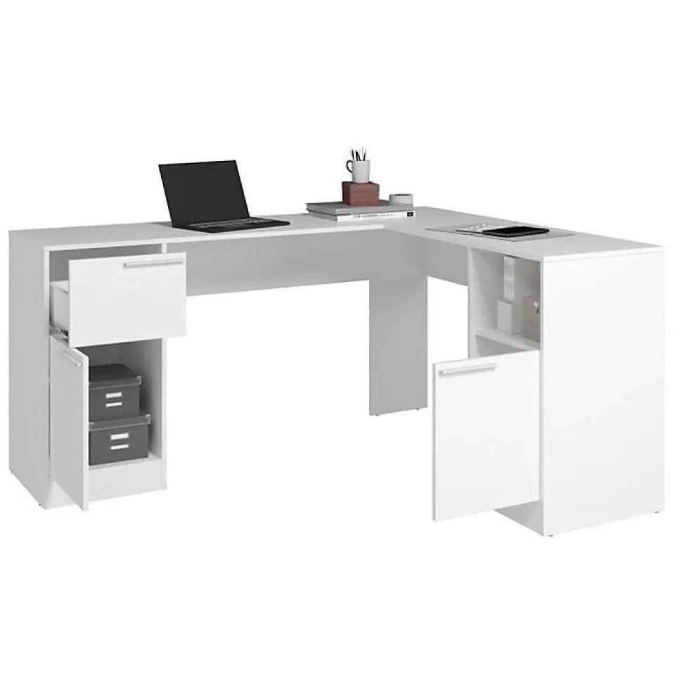 Bureau d'angle blanc ACTUAL DIFFUSION 160 x 134,5 x 78,5 cm - 2 caissons, 2 portes, 1 tiroir