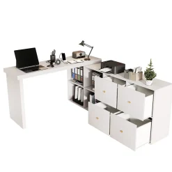 Bureau d'Angle Blanc MDF avec plateau rotatif, 4 tiroirs et 4 compartiments, design flexible, 120x48x78+140x35x74 cm