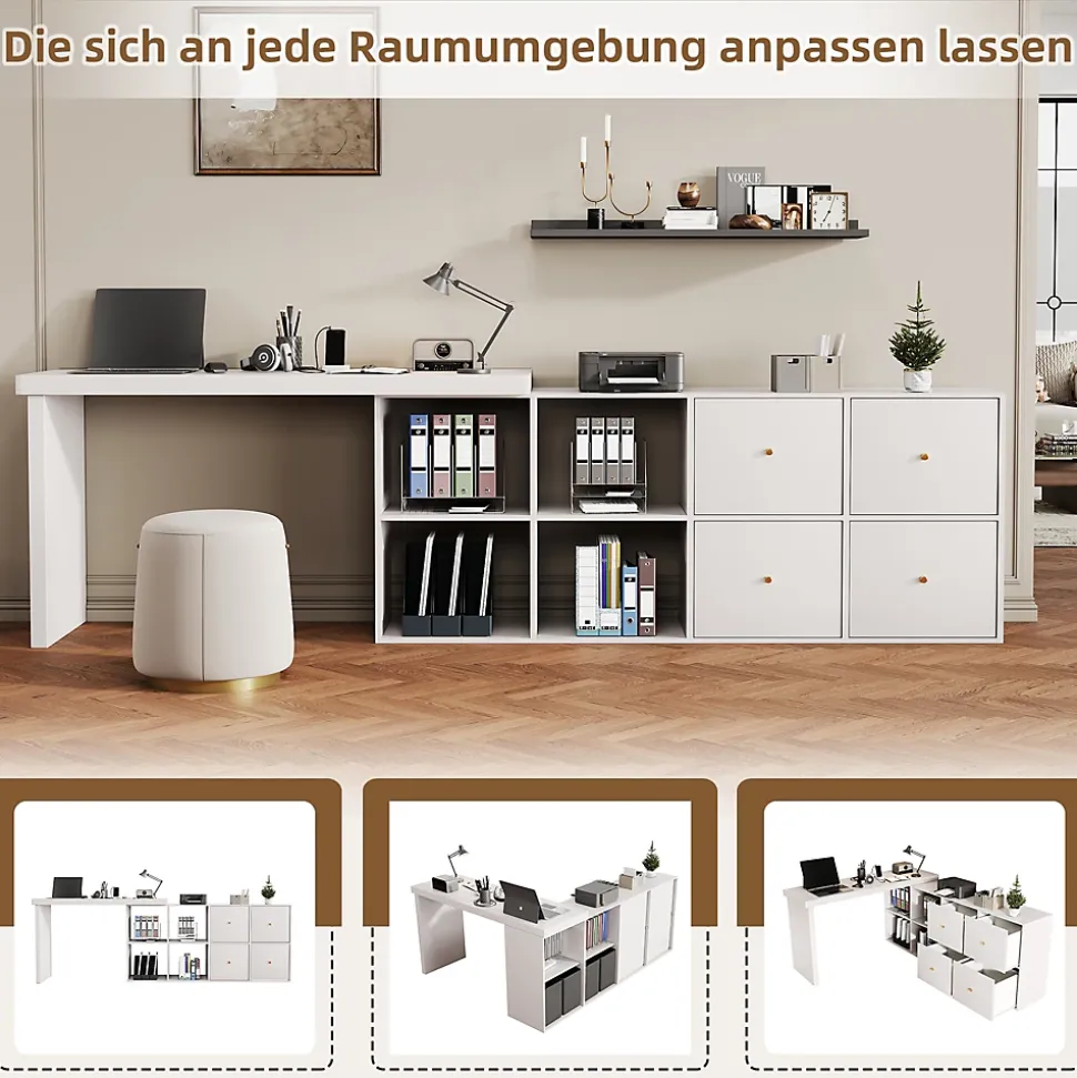 Bureau d'Angle Blanc MDF avec plateau rotatif, 4 tiroirs et 4 compartiments, design flexible, 120x48x78+140x35x74 cm