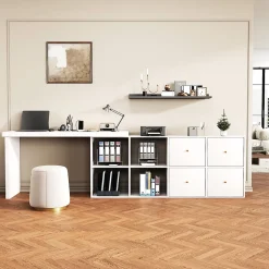 Bureau d'Angle Blanc MDF avec plateau rotatif, 4 tiroirs et 4 compartiments, design flexible, 120x48x78+140x35x74 cm