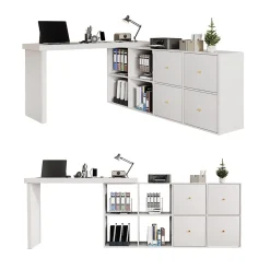 Bureau d'Angle Blanc MDF avec plateau rotatif, 4 tiroirs et 4 compartiments, design flexible, 120x48x78+140x35x74 cm