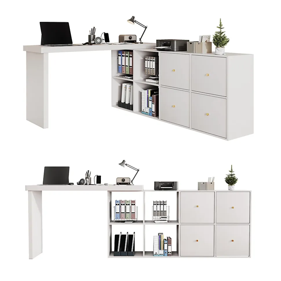 Bureau d'Angle Blanc MDF avec plateau rotatif, 4 tiroirs et 4 compartiments, design flexible, 120x48x78+140x35x74 cm