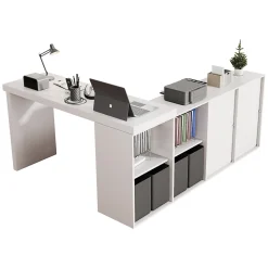 Bureau d'Angle Blanc MDF avec plateau rotatif, 4 tiroirs et 4 compartiments, design flexible, 120x48x78+140x35x74 cm
