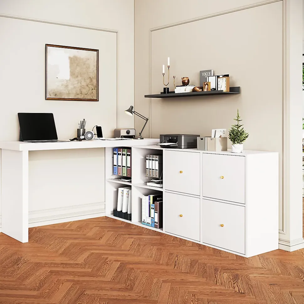 Bureau d'Angle Blanc MDF avec plateau rotatif, 4 tiroirs et 4 compartiments, design flexible, 120x48x78+140x35x74 cm