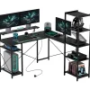 Bureau d'angle, Bureau d'ordinateur avec 6 Étagères et Support Moniteur, USB et Prise - Métal, Noir, 137x140x139,5 cm