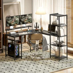 Bureau d'angle, Bureau d'ordinateur avec 6 Étagères et Support Moniteur, USB et Prise - Métal, Noir, 137x140x139,5 cm