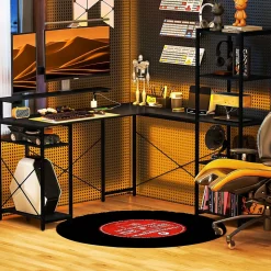 Bureau d'angle, Bureau d'ordinateur avec 6 Étagères et Support Moniteur, USB et Prise - Métal, Noir, 137x140x139,5 cm