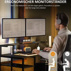 Bureau d'angle, Bureau d'ordinateur avec 6 Étagères et Support Moniteur, USB et Prise - Métal, Noir, 137x140x139,5 cm