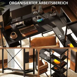 Bureau d'angle, Bureau d'ordinateur avec 6 Étagères et Support Moniteur, USB et Prise - Métal, Noir, 137x140x139,5 cm