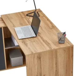 Bureau d'angle CARMEN avec meuble de rangement, décor chêne sauvage et béton foncé