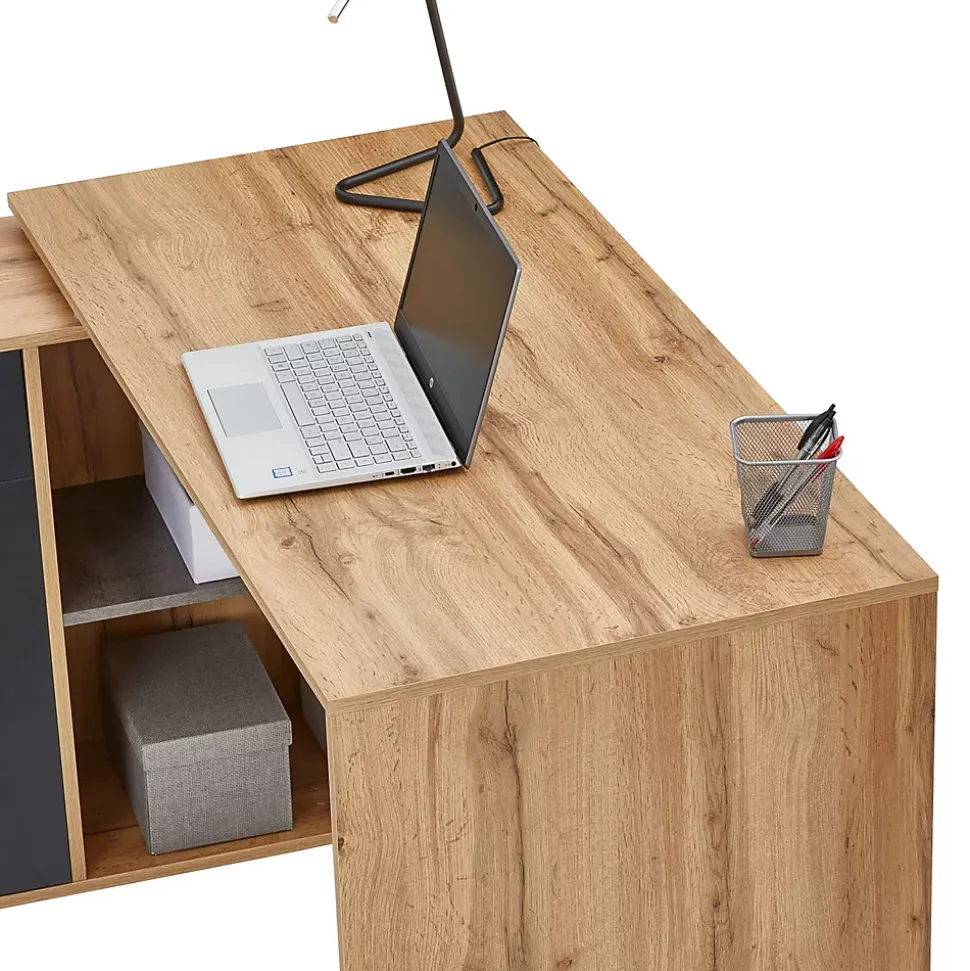 Bureau d'angle CARMEN avec meuble de rangement, décor chêne sauvage et béton foncé