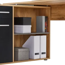 Bureau d'angle CARMEN avec meuble de rangement, décor chêne sauvage et béton foncé