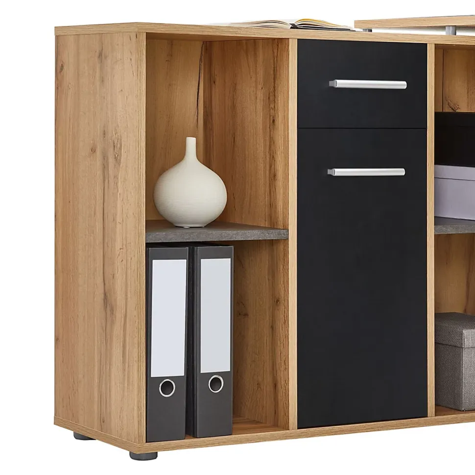 Bureau d'angle CARMEN avec meuble de rangement, décor chêne sauvage et béton foncé