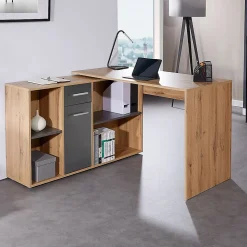 Bureau d'angle CARMEN avec meuble de rangement, décor chêne sauvage et béton foncé