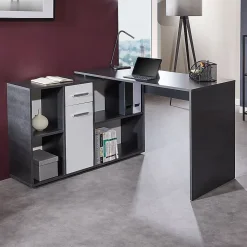 Bureau d'angle CARMEN avec meuble de rangement, décor béton foncé et blanc mat