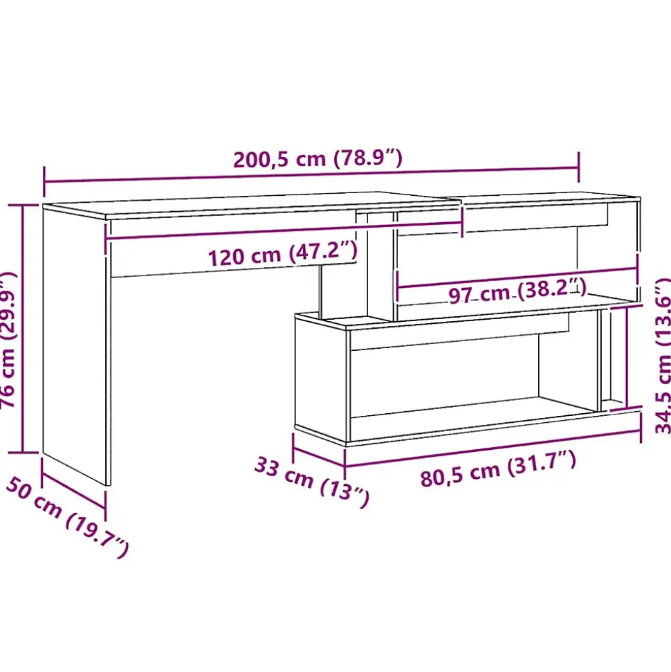 Bureau d'angle chêne artisanal 200,5x50x76 cm bois d'ingénierie vidaXL