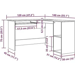 Bureau d'angle chêne artisanal 120x140x75 cm bois d'ingénierie vidaXL
