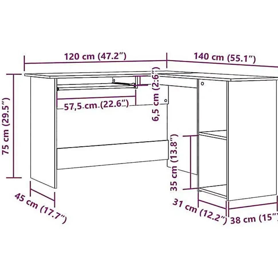 Bureau d'angle chêne artisanal 120x140x75 cm bois d'ingénierie vidaXL
