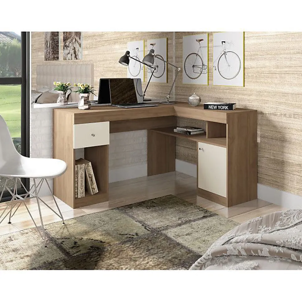 Bureau d'Angle Chêne et Blanc Caisson et Rangement L 137.2 H 75.5 P 111.6 cm - L 137.2 x l 111.6 x H 75.5 cm
