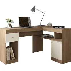 Bureau d'Angle Chêne et Blanc Caisson et Rangement L 137.2 H 75.5 P 111.6 cm - L 137.2 x l 111.6 x H 75.5 cm