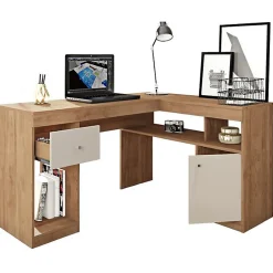 Bureau d'Angle Chêne et Blanc Caisson et Rangement L 137.2 H 75.5 P 111.6 cm - L 137.2 x l 111.6 x H 75.5 cm