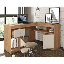 Bureau d'Angle Chêne et Blanc Caisson et Rangement L 137.2 H 75.5 P 111.6 cm - L 137.2 x l 111.6 x H 75.5 cm