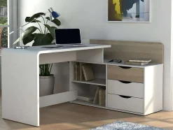 Bureau d'angle DECLAN II - MDF - 3 tiroirs & 2 niches - Coloris : Blanc & Chêne