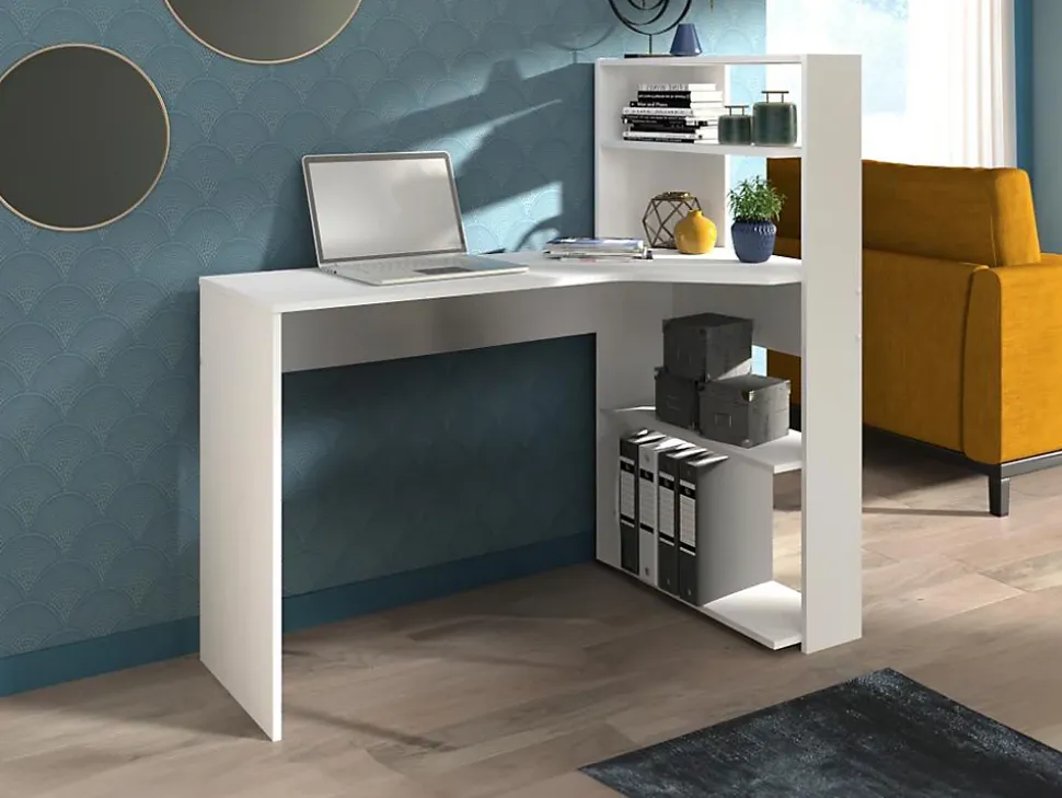 Bureau d'angle DELFINO - 4 étagères - Blanc
