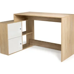 Bureau d'angle en forme de L BOB avec portes façon hêtre et blanc