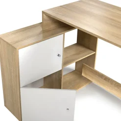 Bureau d'angle en forme de L BOB avec portes façon hêtre et blanc