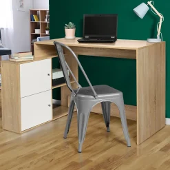 Bureau d'angle en forme de L BOB avec portes façon hêtre et blanc