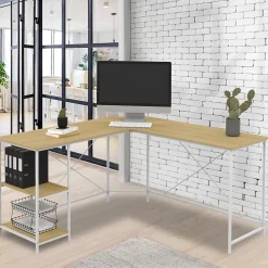 Bureau d'angle en forme de L DETROIT design industriel bois et métal blanc