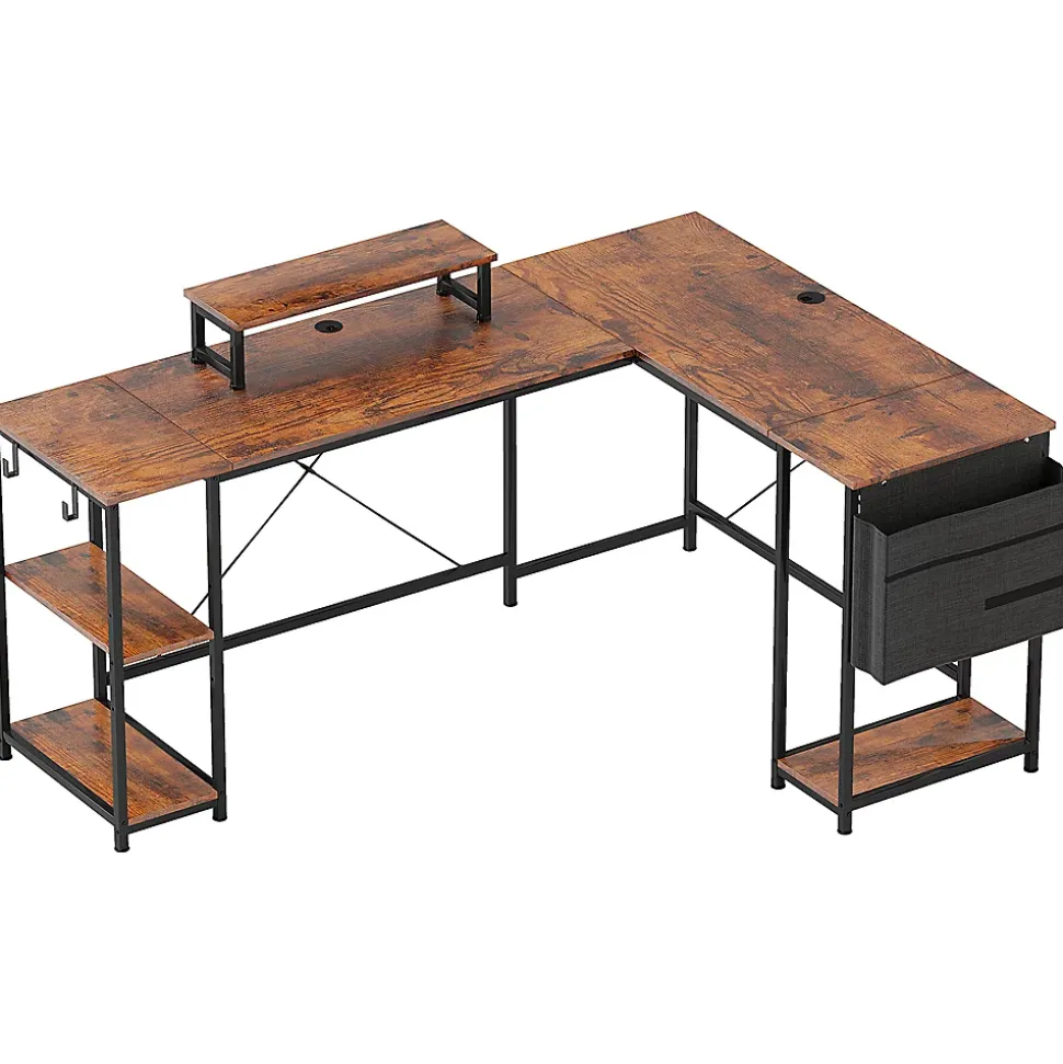 Bureau d'angle en L - Table de travail réversible avec compartiments et support moniteur, bois marron, 168x120x90 cm