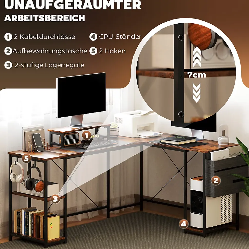 Bureau d'angle en L - Table de travail réversible avec compartiments et support moniteur, bois marron, 168x120x90 cm