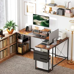 Bureau d'angle en L - Table de travail réversible avec compartiments et support moniteur, bois marron, 168x120x90 cm