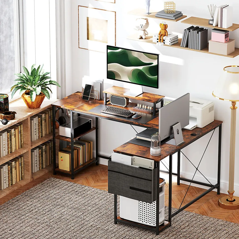 Bureau d'angle en L - Table de travail réversible avec compartiments et support moniteur, bois marron, 168x120x90 cm